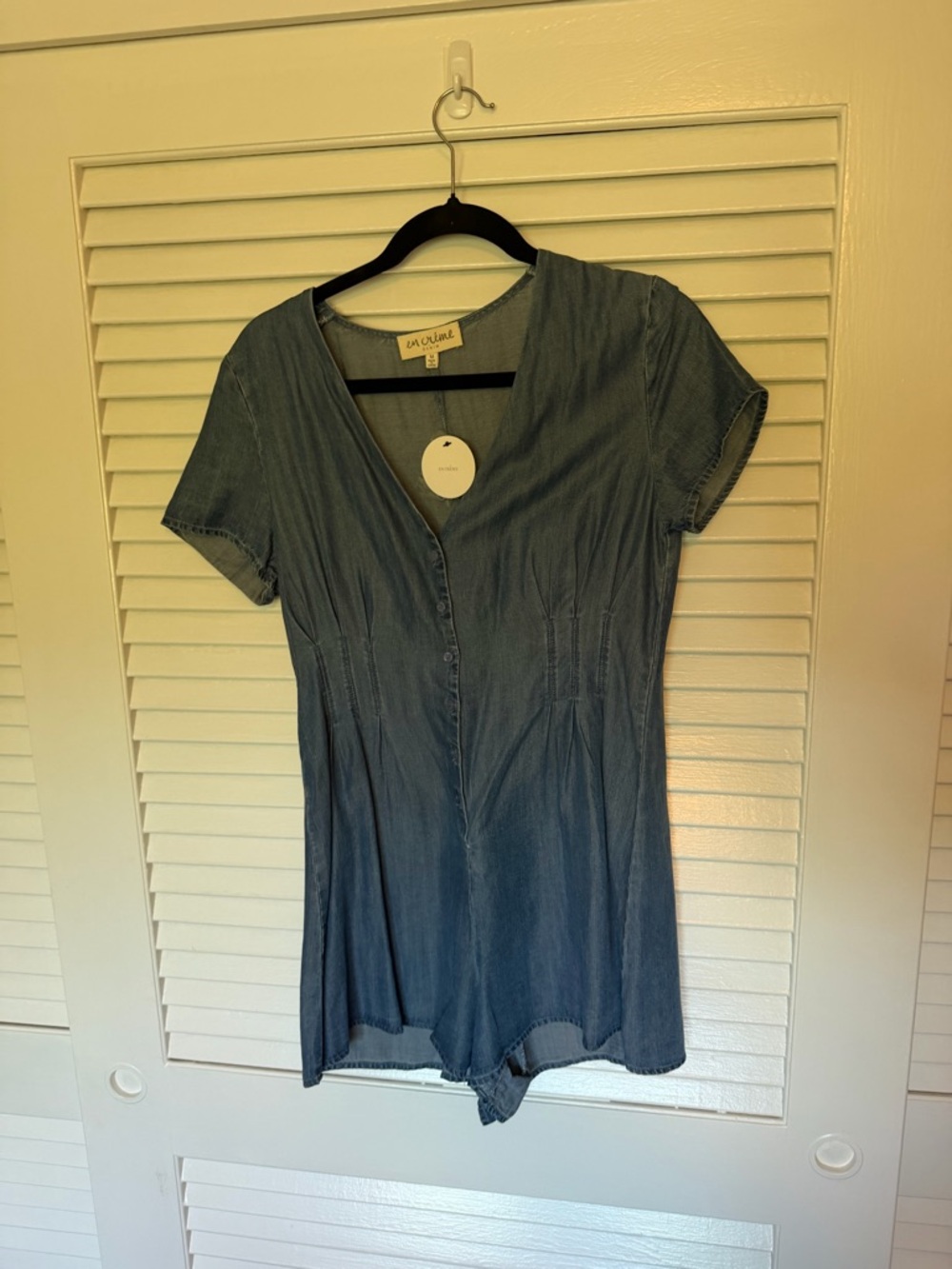Maeve Chambray V-Neck Short Sleeve Tunic Top - Blue